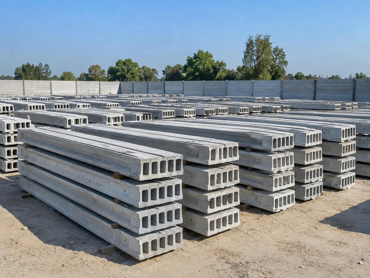 Hollow-section concrete girders stacked in the yard