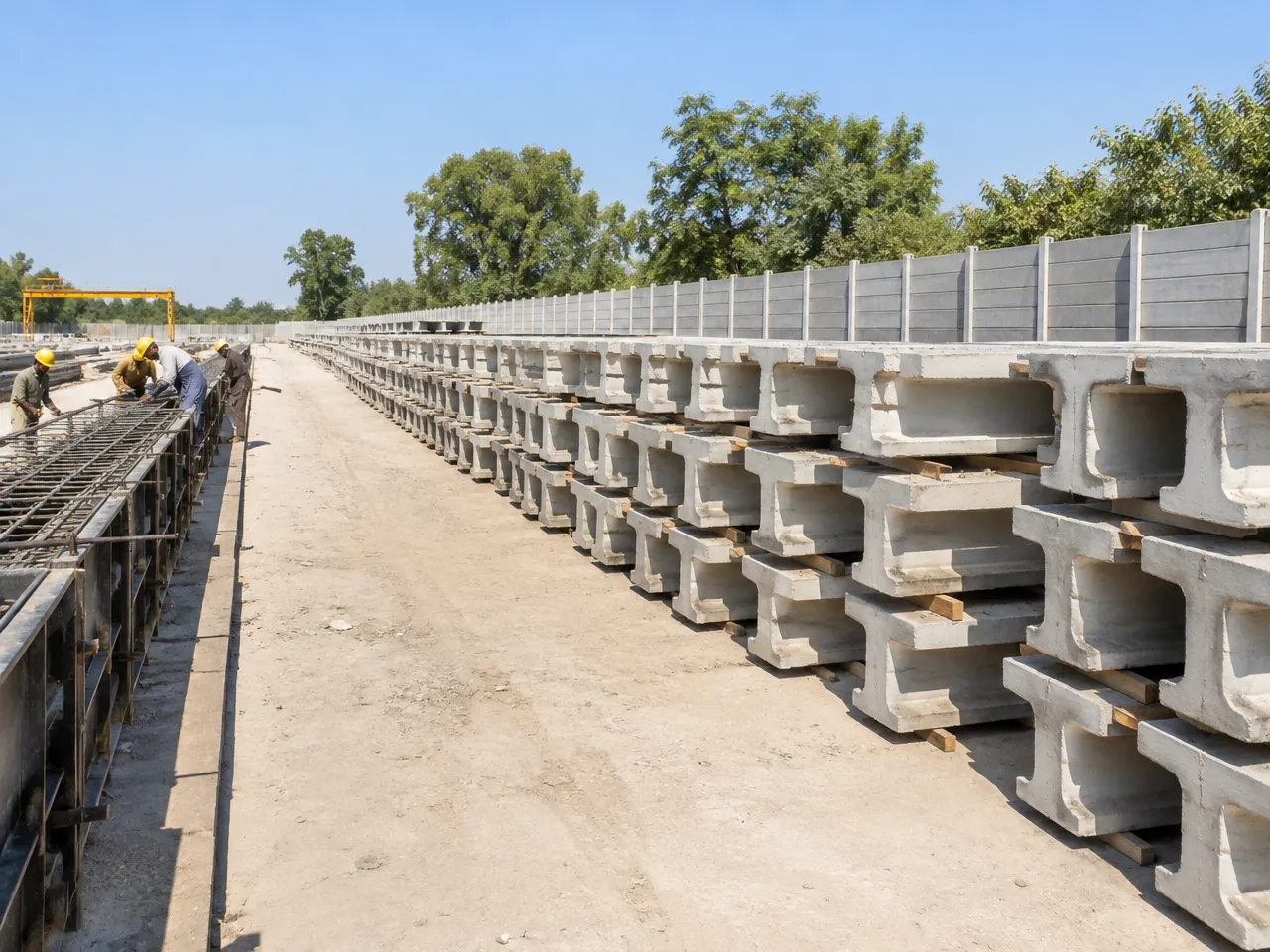 Long reinforced precast concrete columns laid out in the yard
