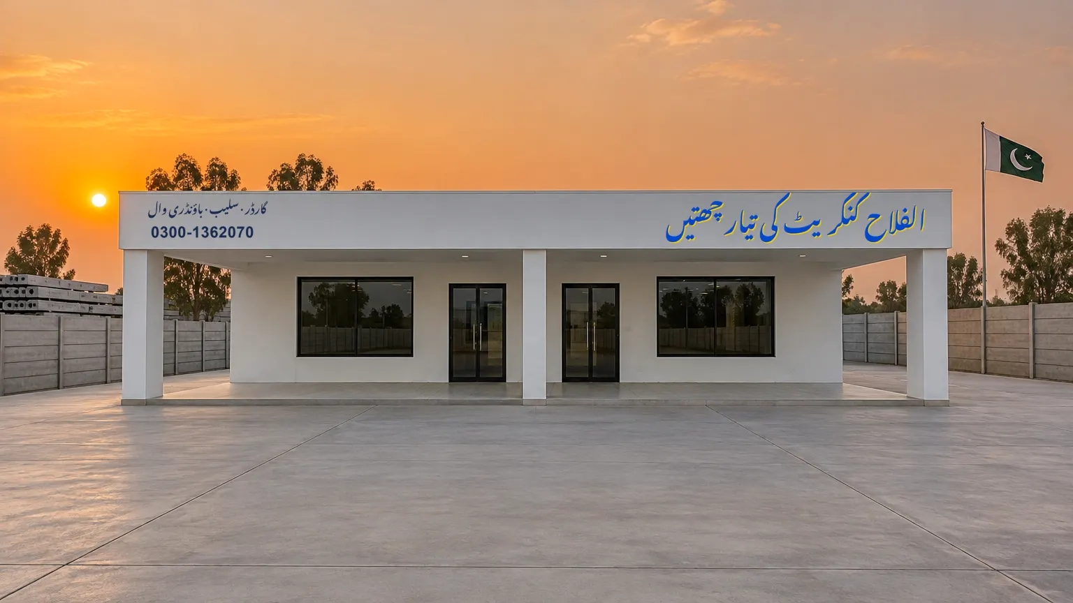 Alfalah Concrete site office with the painted company sign