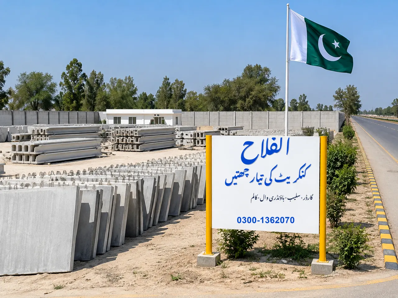 Alfalah Concrete signboard and Pakistan flag beside rows of precast slabs