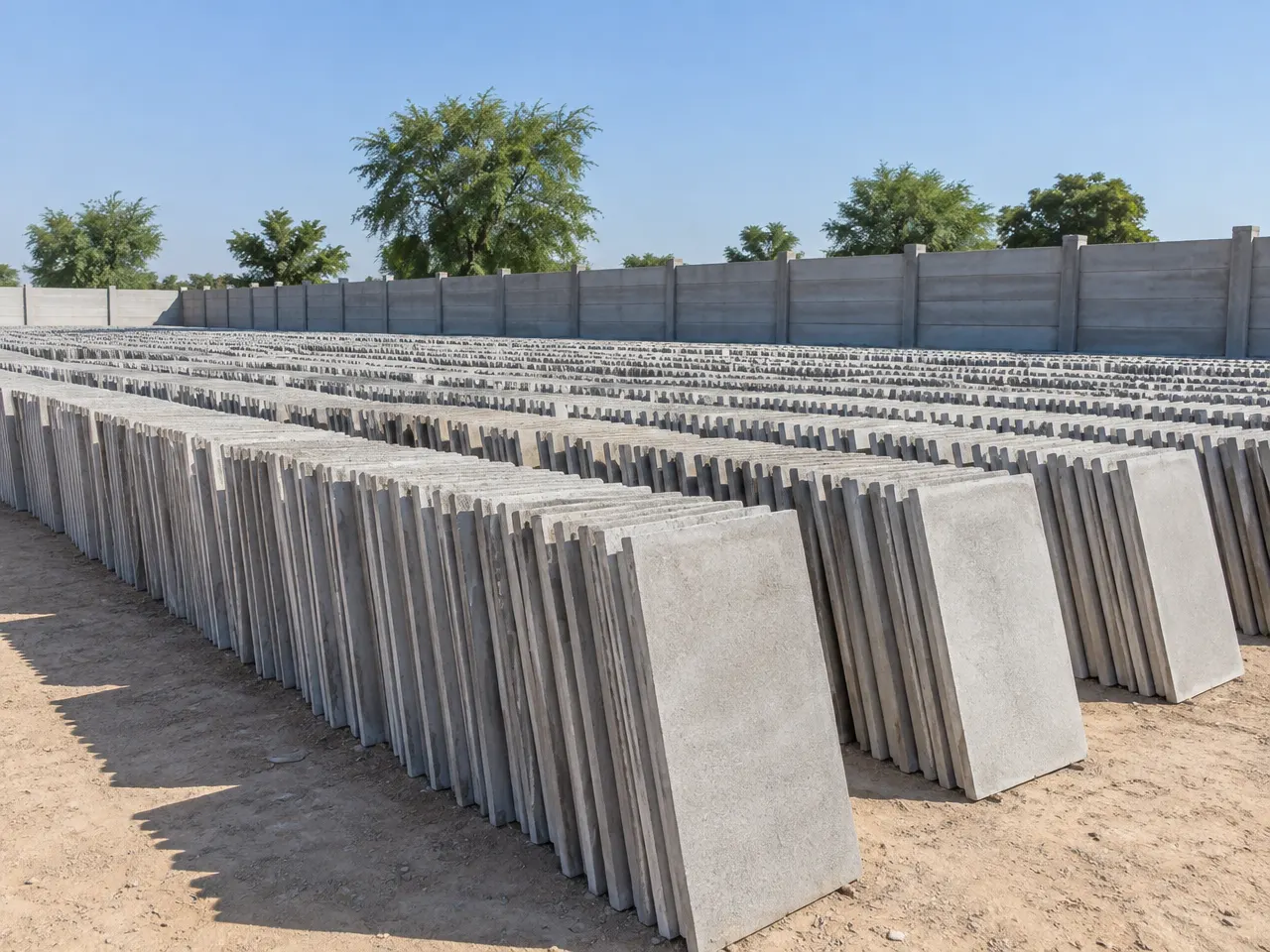 Long rows of precast concrete roof slabs ready for dispatch