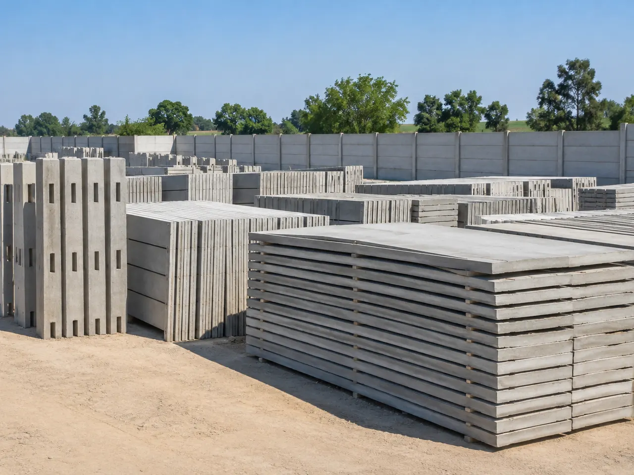 Precast boundary wall panels stacked beside columns